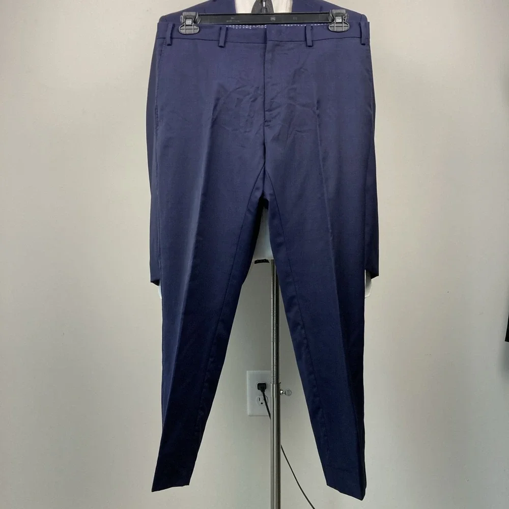 TALLIA Mens Wool 2-pc Suit 100%wool Size 42R 34x27.5 Navy Plaid Flat Front